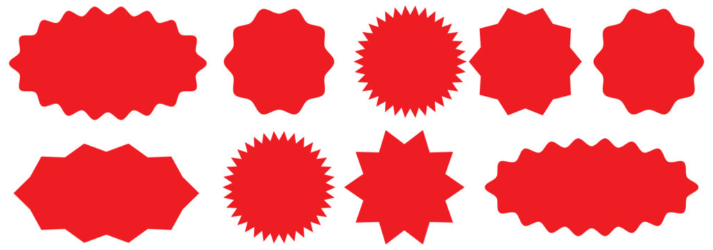 Set of red starburst, sunburst badges, Sale sticker, price tag, starburst icon set , Circle sticker set. Wavy edge promo red badges. Star burst shape tags for price. Red sale tag 
