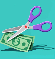 Scissors cutting dollar bills, flat design, financial savings concept