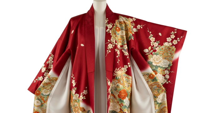 Ornate, richly patterned traditional garment in deep red displayed against a dark background