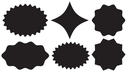 Set Black Starburst sunburst shape, Set Blank price, sale, discount stickers, Circle sticker set, Star burst shape tags for price, Flat vintage labels.