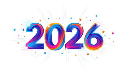 Vibrant stylized numerals representing the year two thousand twenty six bursting with celebratory energy against a dark background