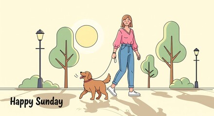 Woman and dog walking in soft pastel tones, Happy Sunday design