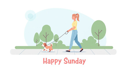 Flat-vector illustration of young woman walking her dog on a lazy Sunday morning