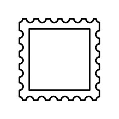 A simple black outline of a postage stamp with a perforated edge, isolated on a