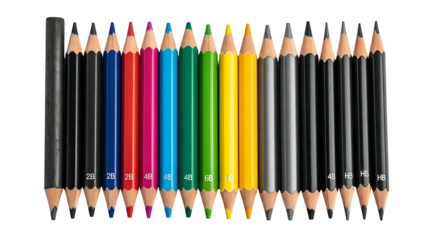 Assortment of sharpened drawing and coloring instruments arranged in a horizontal line against a dark background