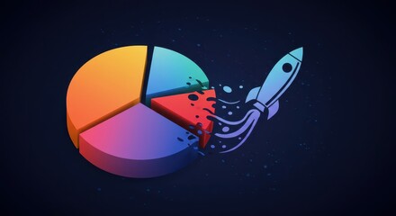 Three dimensional segmented chart shows rapid growth as a stylized rocket launches from a portion of the data display