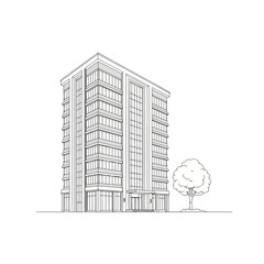 A detailed architectural sketch of a modern office building with a tree