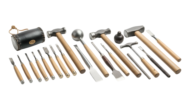 Collection of finely crafted metalworking and carving implements displayed against a black background