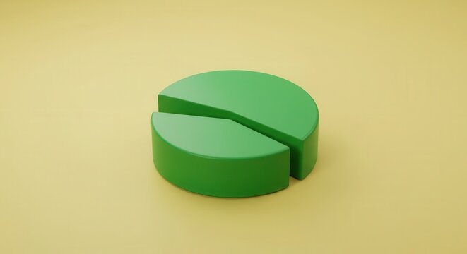 Three dimensional green circular graph displays a fractional division on a pale background - Powered by Adobe
