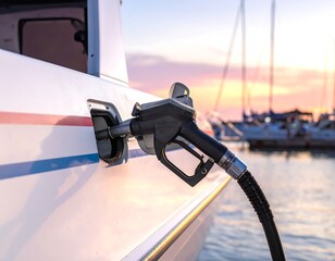 Close-up of a fuel nozzle filling a boat's tank. The setting sun casts a warm glow, with sailboats in the background