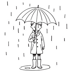 Simple Line Art Boy Holding Umbrella Standing in Rain Puddle Drawing