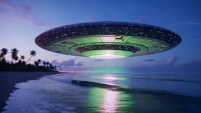 Sci-fi thriller scene of UFO hovering above tropical beach, mysterious alien encounter at ocean paradise destination