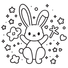 Cute Kawaii Rabbit Line Art with Stars and Hearts on White Background