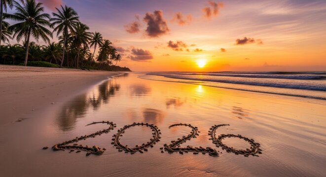 beach with 2026 drawn in sand at sunset, ideal for promoting future vacations, resolutions, or tropical holiday plans 2026 banner