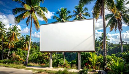 A blank outdoor billboard, flanked by palm trees and lush greenery, sits beside a road on a sunny day
