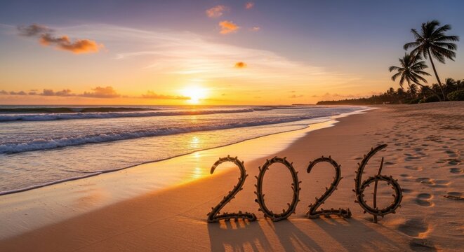 beach with 2026 drawn in sand at sunset, ideal for promoting future vacations, resolutions, or tropical holiday plans 2026 banner