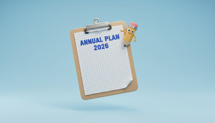 Business plan 2026 clipboard concept with cheerful vibe and clean blue background