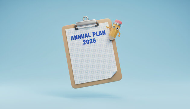 Business plan 2026 clipboard concept with cheerful vibe and clean blue background