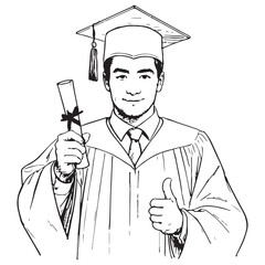 Monochrome Line Art of Smiling Male Graduate Holding Diploma