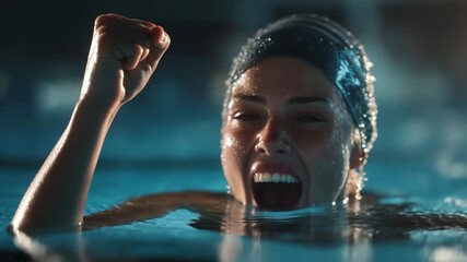 A swimmer emerges from the water, celebrating a remarkable win. With a look of joy and determination, she raises her fist in triumph, showcasing the thrill of competition.