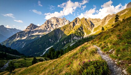 Obraz premium Majestic mountain landscape with a winding hiking trail under a bright sky.