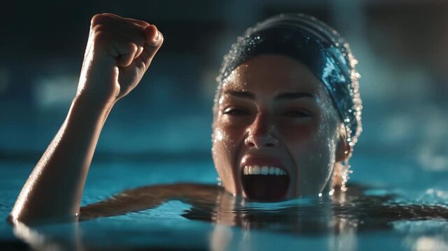 A swimmer emerges from the water, celebrating a remarkable win. With a look of joy and determination, she raises her fist in triumph, showcasing the thrill of competition.