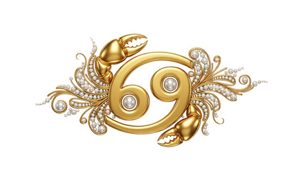 Ornate golden emblem representing the zodiac sign of Cancer with detailed pearl embellishments on a dark background