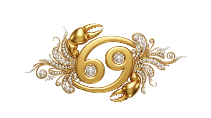 Ornate golden emblem representing the zodiac sign of Cancer with detailed pearl embellishments on a dark background
