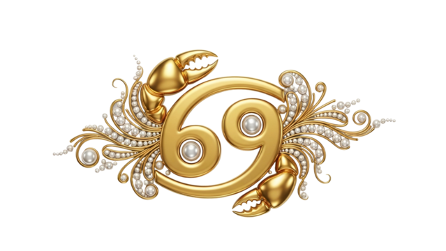 Ornate golden emblem representing the zodiac sign of Cancer with detailed pearl embellishments on a dark background