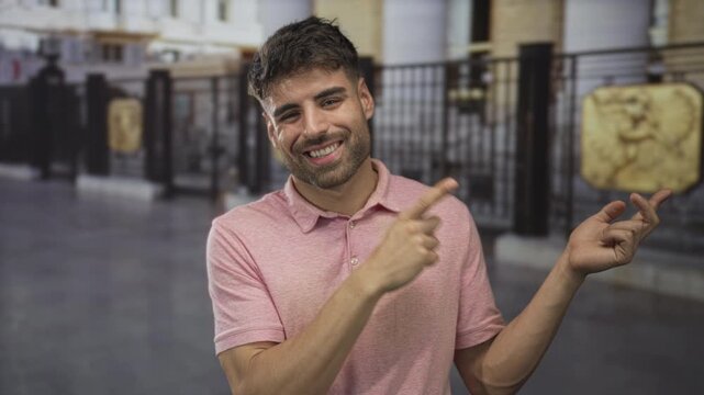 Smiling young man wearing pink shirt pointing finger to iron gate on urban street; optimism hope positivity.