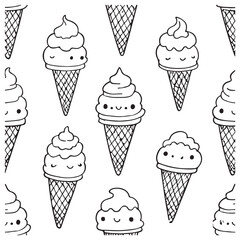 Cute Hand Drawn Ice Cream Cone Seamless Pattern Black White