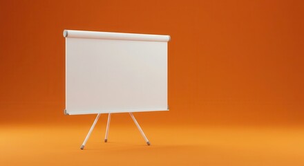 Empty white presentation screen stands centered against a vibrant orange background