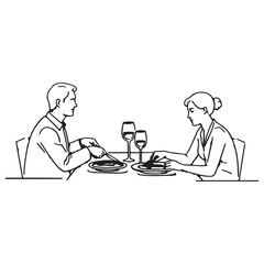 Black Line Art Illustration of Two People Dining at Table