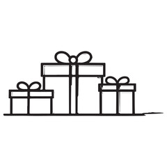 Hand-drawn sketch of three assorted gift boxes, black outline art.