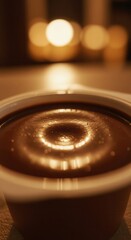 Close up view captures rich, dark dessert with concentric surface ripples under warm light