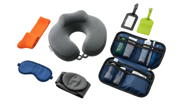 Assortment of essential travel comfort and amenity items displayed against a dark background