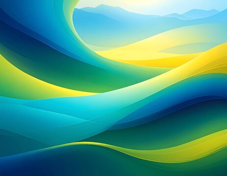 An abstract landscape featuring fluid, layered bands of blue, green, and yellow hues, representing rolling hills and distant mountains