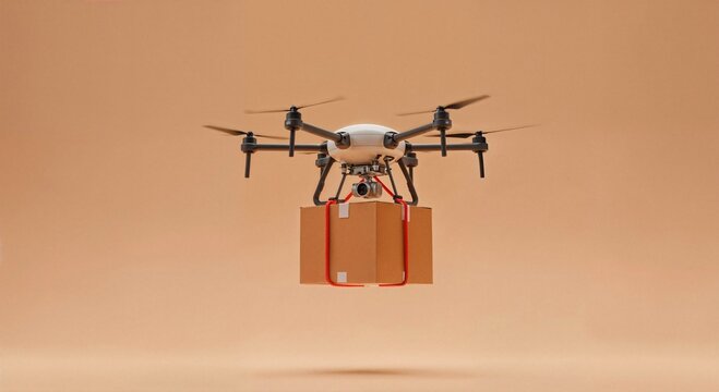 Modern aerial drone autonomously delivering a securely packaged brown box suspended from its landing gear against a soft peach background