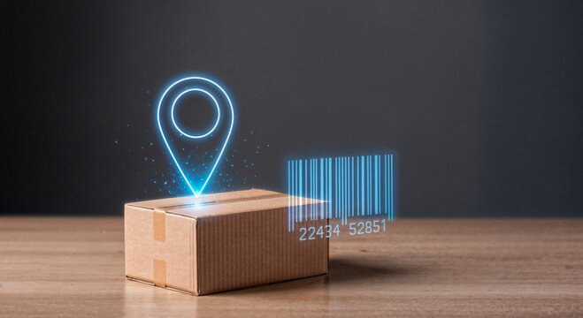 Digital map pin location marker and glowing blue barcode hologram projected above a cardboard shipping box on a wooden surface