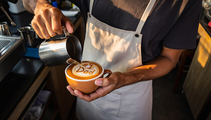Barista pours latte art in a cup for dad.