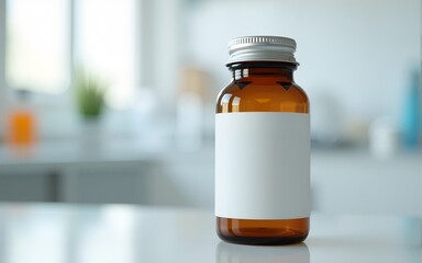 Amber glass medicine bottle with a blank white label for product branding. Mockup for pharmaceutical, cosmetic, or supplement products in a clean lab setting. High quality