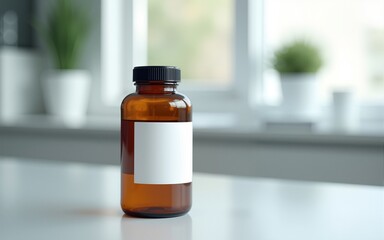 Amber glass medicine bottle with a blank white label for product branding. Mockup for pharmaceutical, cosmetic, or supplement products in a clean lab setting. High quality