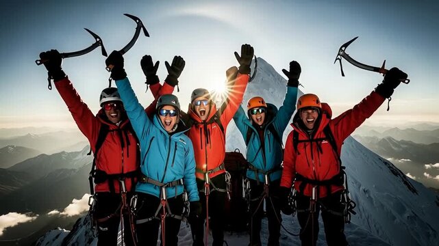 Dynamic group of climbers celebrating epic mountain summit success, raising ice axes against glorious sunrise