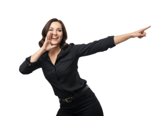 Enthusiastic businesswoman shouting directionally, pointing to future opportunities, or expressing excitement for great leadership and successful business ventures