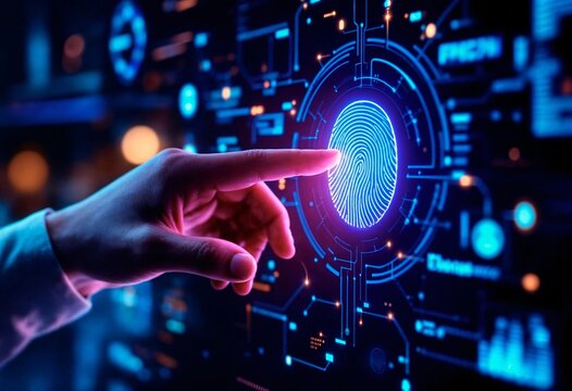 Close up of a human finger touching a glowing blue digital fingerprint scanner on a futuristic interface with abstract data streams - Powered by Adobe