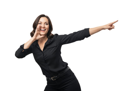 Enthusiastic businesswoman shouting directionally, pointing to future opportunities, or expressing excitement for great leadership and successful business ventures
