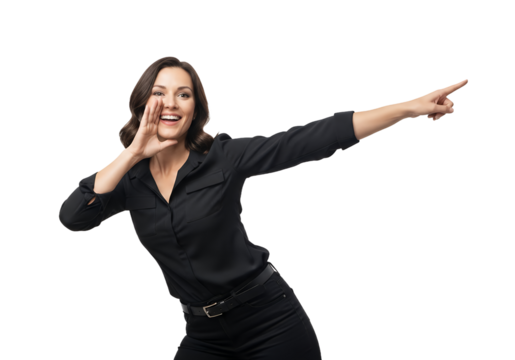 Enthusiastic businesswoman shouting directionally, pointing to future opportunities, or expressing excitement for great leadership and successful business ventures