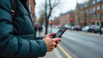 Person using smartphone at urban bus stop