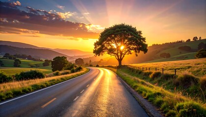 Scenic Country Road at Sunset with a Solitary Tree.