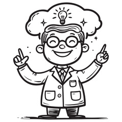 Black and White Line Art of Cartoon Scientist with Idea Lightbulb